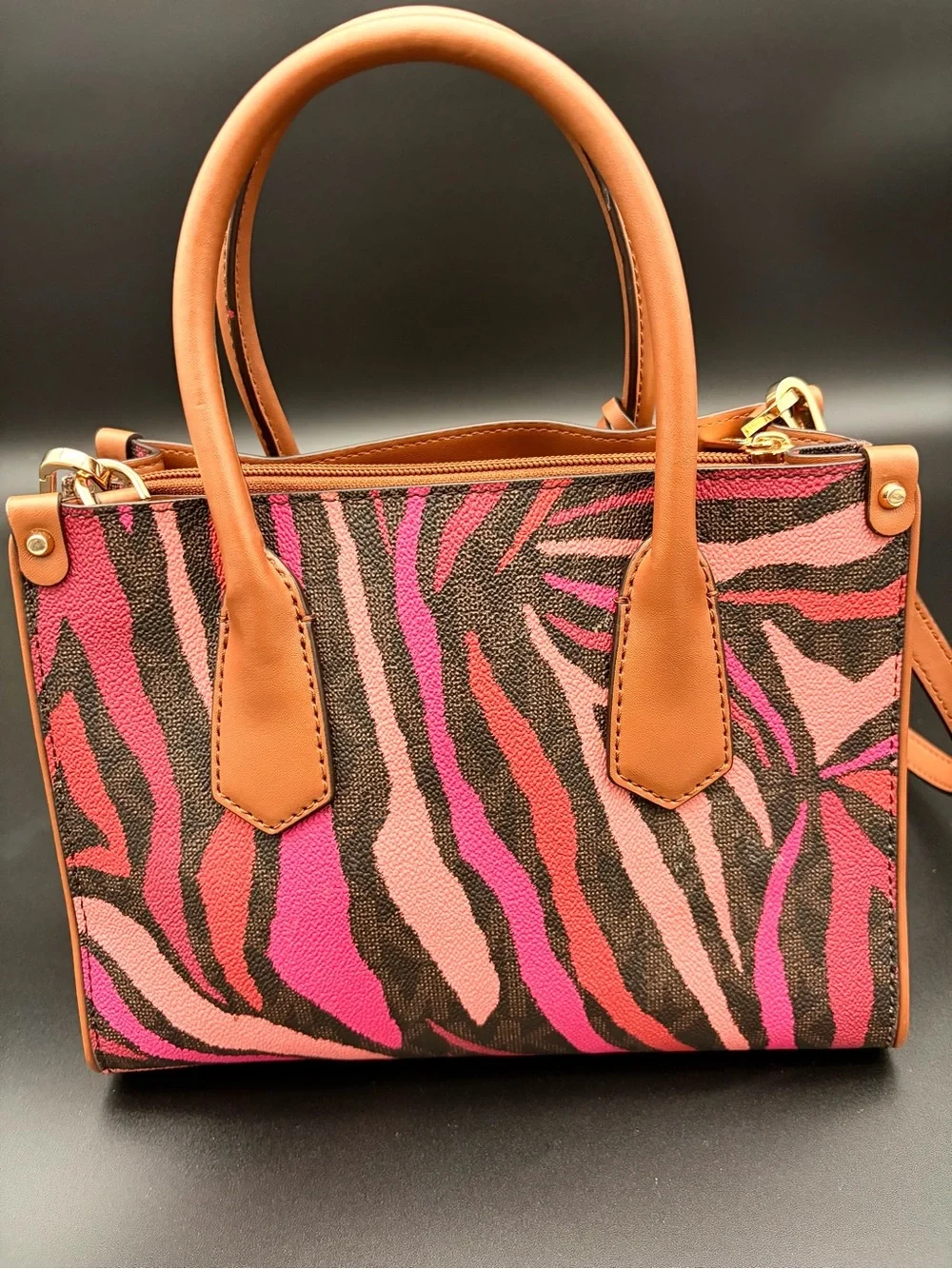 Michael Kors Maple Small Leather Satchel Handbag Purse in Pink Zebra Print
